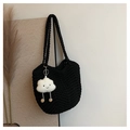 Handcrafted black hollow woven shoulder bag with a cute white cloud plush pendant - Black