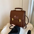 Dark brown faux leather vintage backpack with dachshund dog embroidery and gold lock - Coffee Without Pendant
