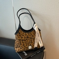 Borsa tote vintage leopardata con spalline nere e dettaglio a nastro decorativo - Marrone