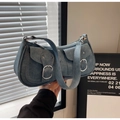 Chic washed blue denim underarm baguette bag with double pockets and silver metal buckles - Blue