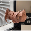 Mauve underarm bag with double pockets and silver metal buckles in matte faux leather - Pink