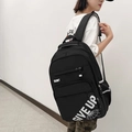 Minimalist black nylon backpack with GIVE UP letter print and reflective strips - Black
