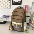 Sac à dos marron foncé pour étudiant avec rayures et mini porte-monnaie rond assorti - Café