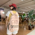 Sac à dos rose multi-poches pour étudiantes avec breloque pizza et broderie élégante - Rose