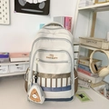 Sac à dos scolaire crème et marine à grande capacité avec pochette pizza - Gris et Café