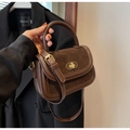 Dettaglio borsa a mano marrone scuro con inserto scamosciato e chiusura dorata - caffè