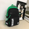Student backpack in black and green color block with Special letter print and pouch - Black & Green
