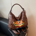 Borsa tote marrone con simpatico design a gatto hamburger e pois colorati - Marrone