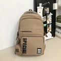 Khaki large capacity nylon backpack with a small round pouch and vertical text detail - Khaki