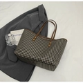Borsa tote con motivo pied-de-poule e manici in pelle marrone a grande capacità - Marrone Senza Ciondolo