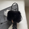 Faux fur black handbag with soft plush texture and sleek shoulder straps for autumn fashion - Black