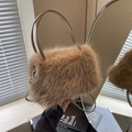 Chic brown faux fur handbag with leather handles and golden metal hardware details - Dark Khaki