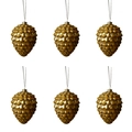 Detailed view of six golden pinecone Christmas ornaments with hanging strings - Golden Pinecone Style B