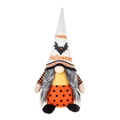 Detail of Halloween gnome featuring a tall white hat with black bat and Happy Halloween text - Braided Female Gnome