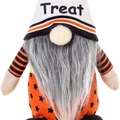 Halloween gnome plush with white Treat hat and orange star patterned body - Bearded Male Gnome