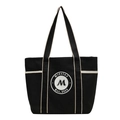 Large black canvas tote bag with cream straps and vintage logo for daily school commute - Black