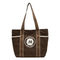 Dark brown canvas tote bag with white contrast stitching and retro circular logo design - Brown