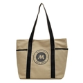 Bolso tote de lona caqui con asas negras y logo circular sobre un fondo blanco puro - Caqui