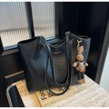 Large black vintage tote bag in textured PU leather with cute rabbit charm accessory - Black (With Rabbit Pendant)