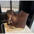 Dark coffee large tote bag in faux leather with gold text and a rabbit charm - Coffee with Pendant