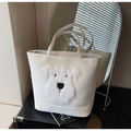 Grand sac cabas blanc avec écusson chien en peluche et longues bandoulières - Blanc Cassé