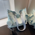 Mint green large canvas tote bag with side pouch and adjustable woven shoulder strap - Blue