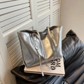 Minimalist large tote bag in metallic silver finish with long slim shoulder straps - Silver