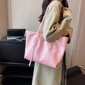 Pink glossy faux leather tote bag with large capacity and matching shoulder strap - Pink