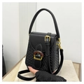 Black woven leather crossbody phone bag with wood-grain ring handle and gold accents - Woven Style / Black
