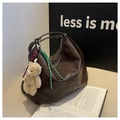 Dark brown tote bag in soft synthetic leather with cute plush bear charm accessory - Coffee With Pendant