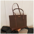 Bolso tote retro de cuero esmerilado marrón oscuro gran capacidad con placa dorada - Marrón