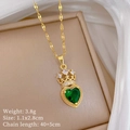 Detail of gold crown necklace with green heart crystal and white zircon pavé setting - Green Heart Style (F323)