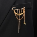 Golden paperclip chain brooch with metallic beads and tassels on a black suit jacket - Multi-layer Bead Chain Tassel Style (KC Gold WG-0329)