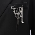 Silver punk multi-layer chain brooch with safety pin base and metallic bead charms - Multi-layer Bead Chain Tassel Style (Silver A-470)