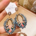 Handmade beaded flower earrings with grey-blue beads and colorful gemstones on display card - 118# Silver Earring Post - Gold & Blue