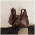 Deep brown matte leather tote bag with vintage silhouette and gold metal ring buckle - Coffee Without Pendant