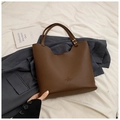 Dark brown lychee texture leather tote bag with gold Paris lettering and dual straps - Coffee Without Pendant