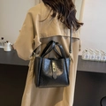 Elegante schwarze Beuteltasche mit Lychee-Textur und Gold-Hardware an einem Model - Schwarz