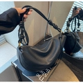Black lychee textured leather half-moon shoulder bag with unique knotted strap detail - Black