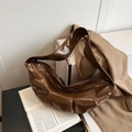 Dark brown large hobo bag with glossy pleated finish and vintage wax leather texture - Brown