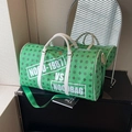 Retro large green travel tote bag with vintage totem patterns and white top handles - Green