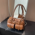 Borsa a spalla vintage in pelle PU marrone con due tasche frontali e manici - Marrone