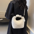 Elegant white faux fur handbag with ruched leather handle and detachable shoulder strap - Off White