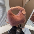 Pink plush handbag with faux leather handle and matching crossbody strap for women - Rose Red