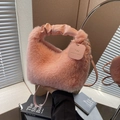 Pink plush handbag with faux fur texture and matching leather shoulder strap for winter - Pink