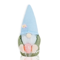Detailed view of an Easter gnome plush with blue knit hat holding a pink polka dot egg - Blue Hat Style