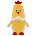 Macro shot of yellow Easter chick gnome plush with long white beard and red comb - Yellow Chick Style