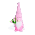 Gnome de fête des mères rose avec barbe blanche tenant un bouquet de tulipes roses - Rose