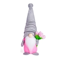 Nain en peluche rose avec chapeau gris et bouquet de tulipes pour la fête des mères - Gris