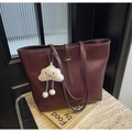 Deep red large capacity tote bag with white stitching and plush cloud charm - With Pendant / Burgundy